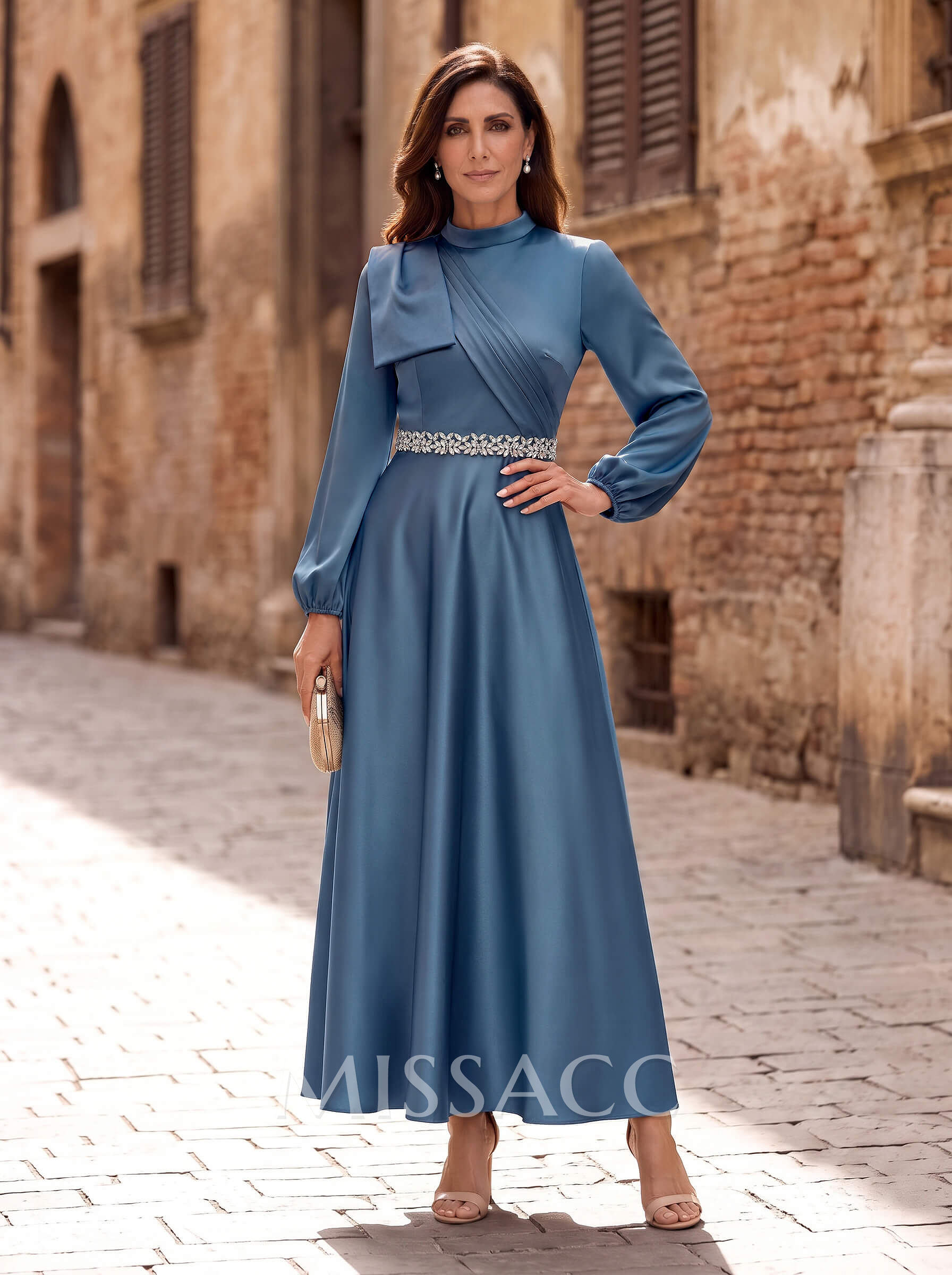 A-Line High Neck Long Sleeves Ankle-Length Satin Mother Of The Bride Dresses