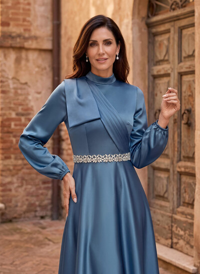 A-Line High Neck Long Sleeves Ankle-Length Satin Mother Of The Bride Dresses
