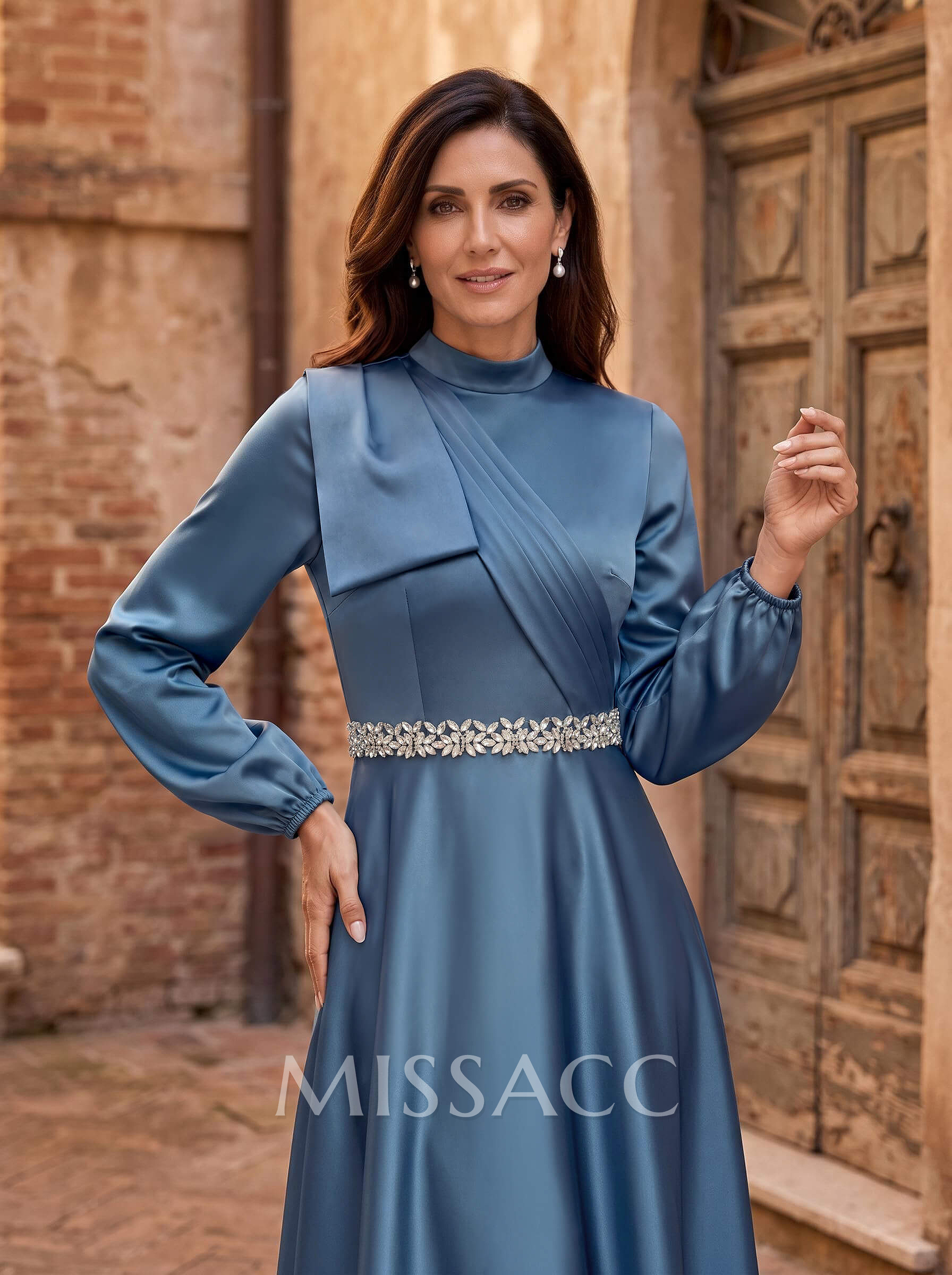 A-Line High Neck Long Sleeves Ankle-Length Satin Mother Of The Bride Dresses