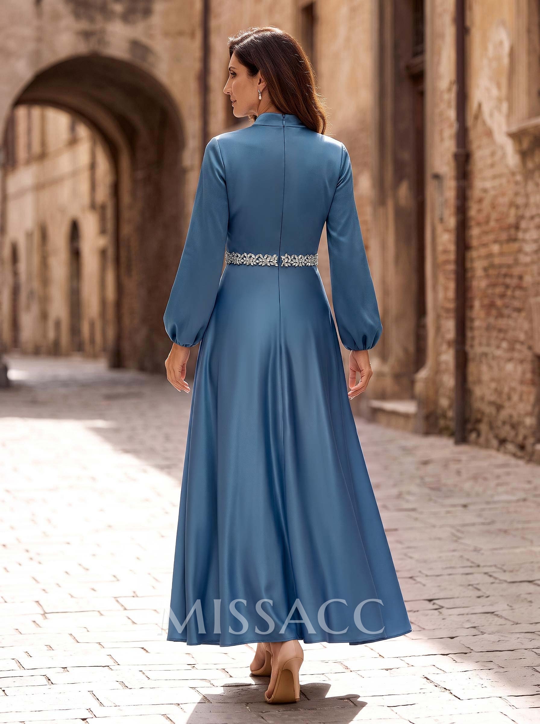 A-Line High Neck Long Sleeves Ankle-Length Satin Mother Of The Bride Dresses