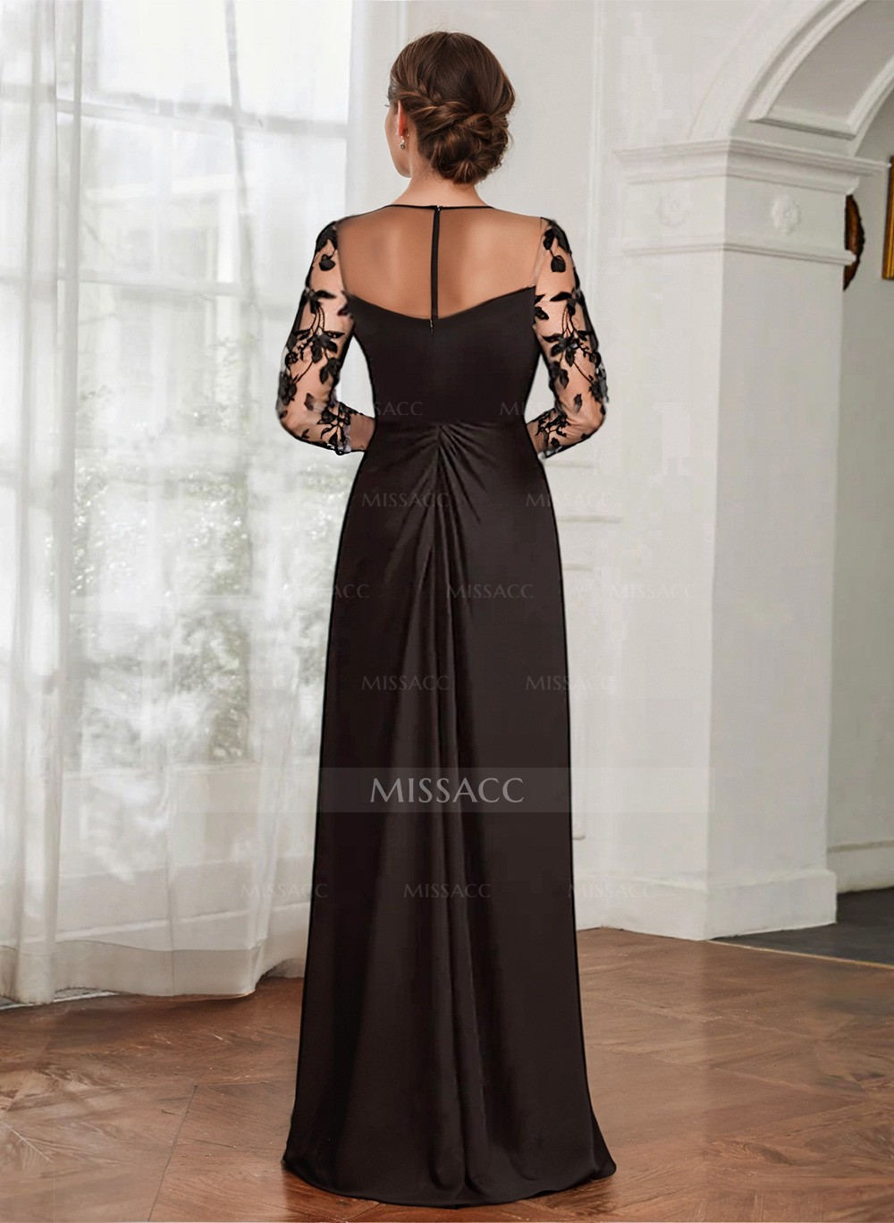 Sheath/Column Illusion Neck Chiffon Mother Of The Bride Dresses With Appliques Lace