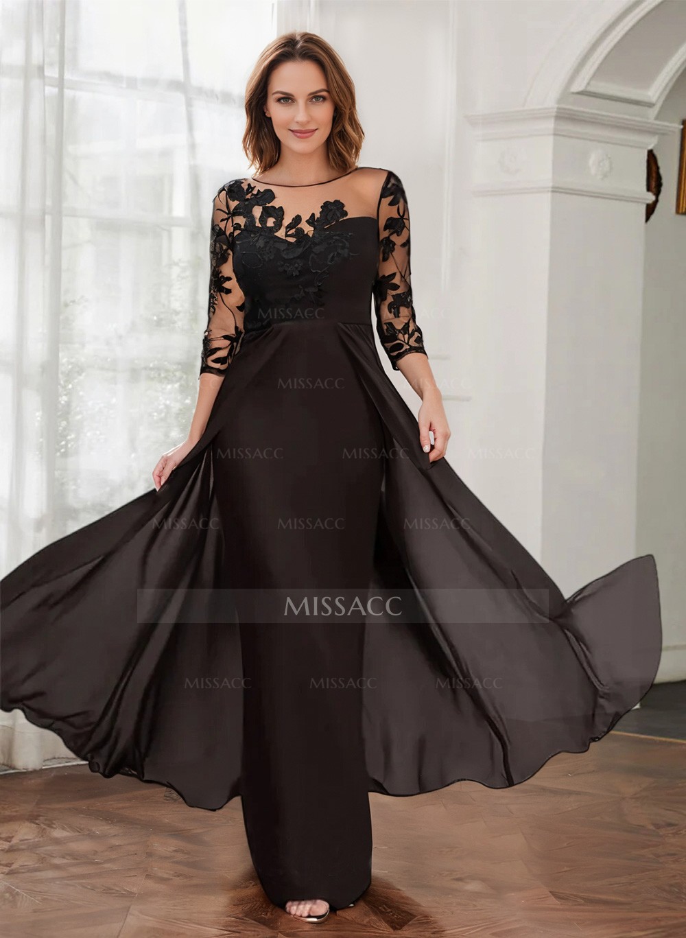 Sheath/Column Illusion Neck Chiffon Mother Of The Bride Dresses With Appliques Lace