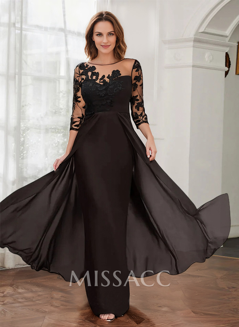 Sheath/Column Illusion Neck Chiffon Mother Of The Bride Dresses With Appliques Lace