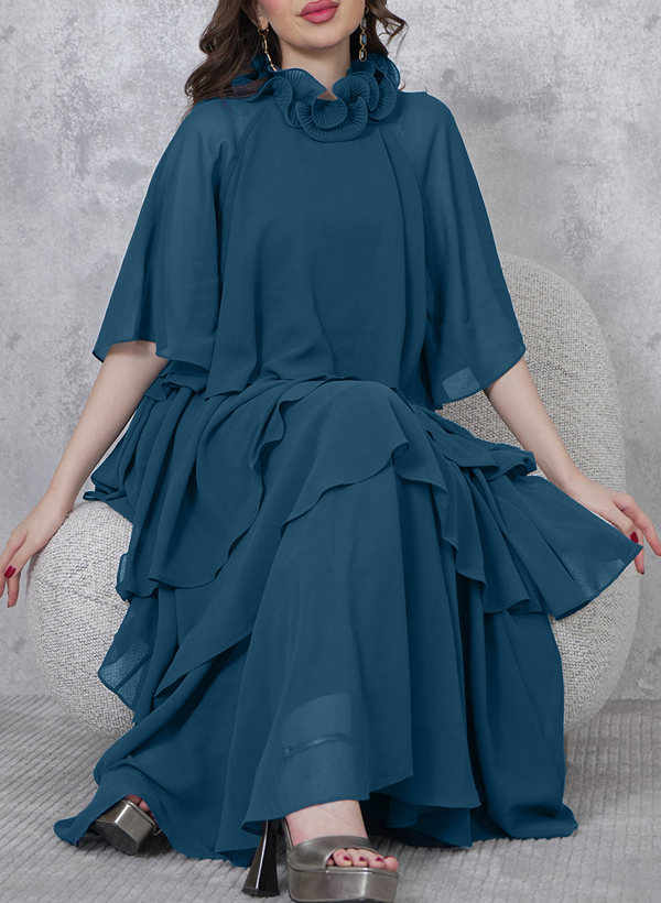 A-Line High Neck 1/2 Sleeves Chiffon Mother Of The Bride Dresses With Ruffle
