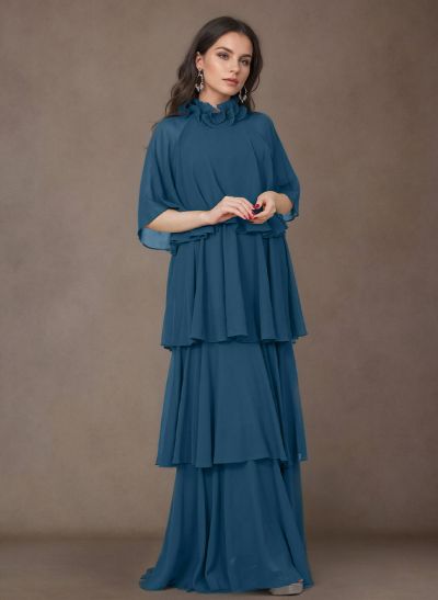 A-Line High Neck 1/2 Sleeves Chiffon Mother Of The Bride Dresses With Ruffle