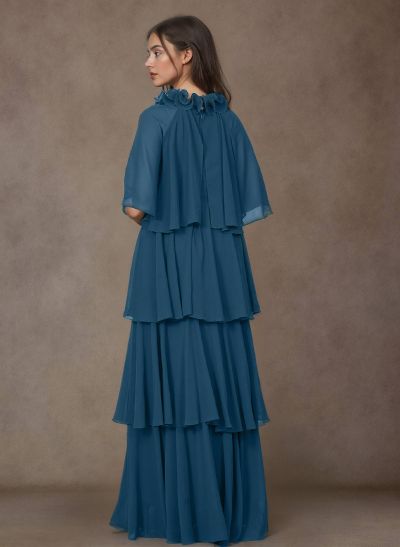 A-Line High Neck 1/2 Sleeves Chiffon Mother Of The Bride Dresses With Ruffle