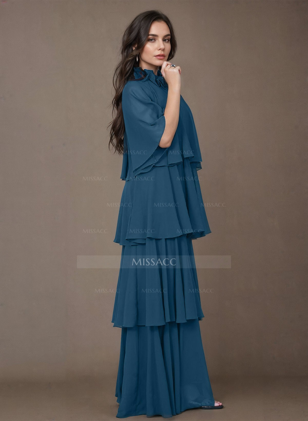 A-Line High Neck 1/2 Sleeves Chiffon Mother Of The Bride Dresses With Ruffle