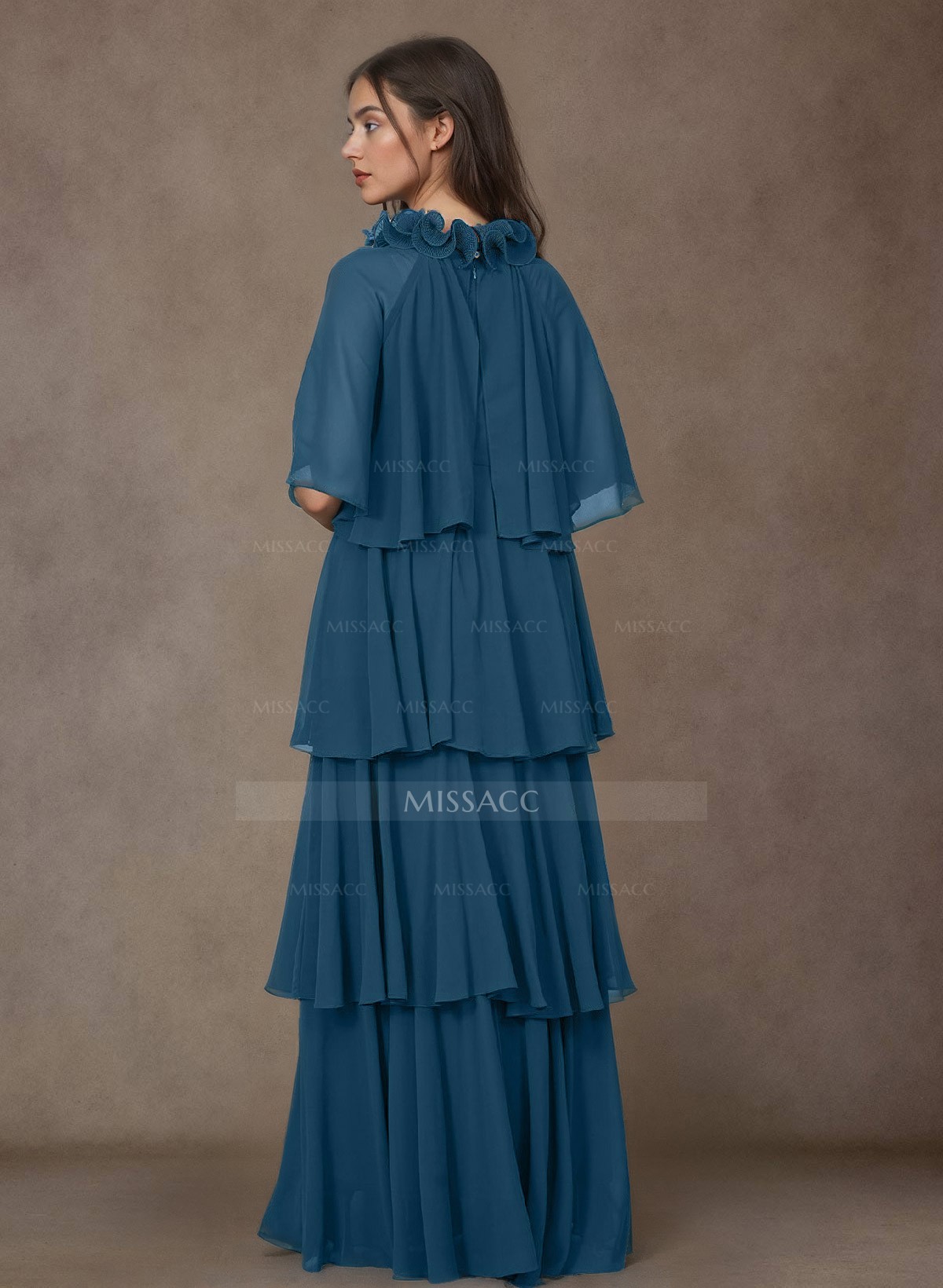 A-Line High Neck 1/2 Sleeves Chiffon Mother Of The Bride Dresses With Ruffle