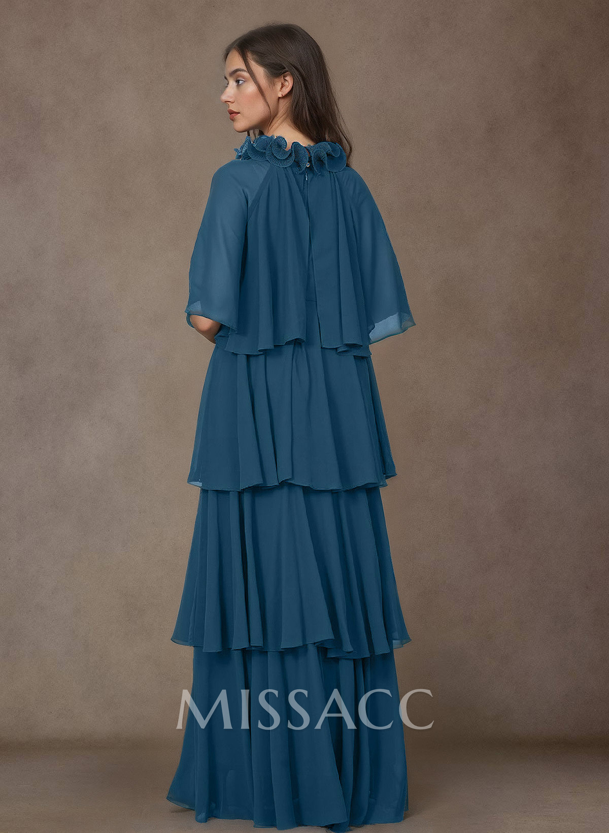 A-Line High Neck 1/2 Sleeves Chiffon Mother Of The Bride Dresses With Ruffle A-Line High Neck 1/2 Sleeves Chiffon Mother Of The Bride Dresses With Ruffle
