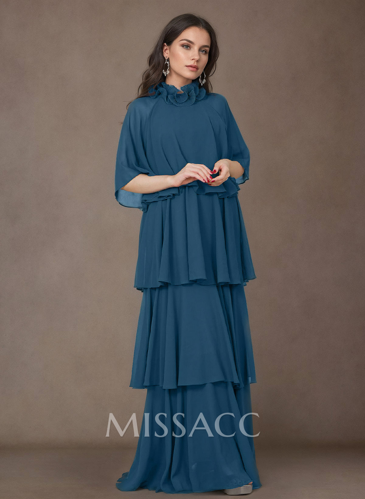 A-Line High Neck 1/2 Sleeves Chiffon Mother Of The Bride Dresses With Ruffle A-Line High Neck 1/2 Sleeves Chiffon Mother Of The Bride Dresses With Ruffle