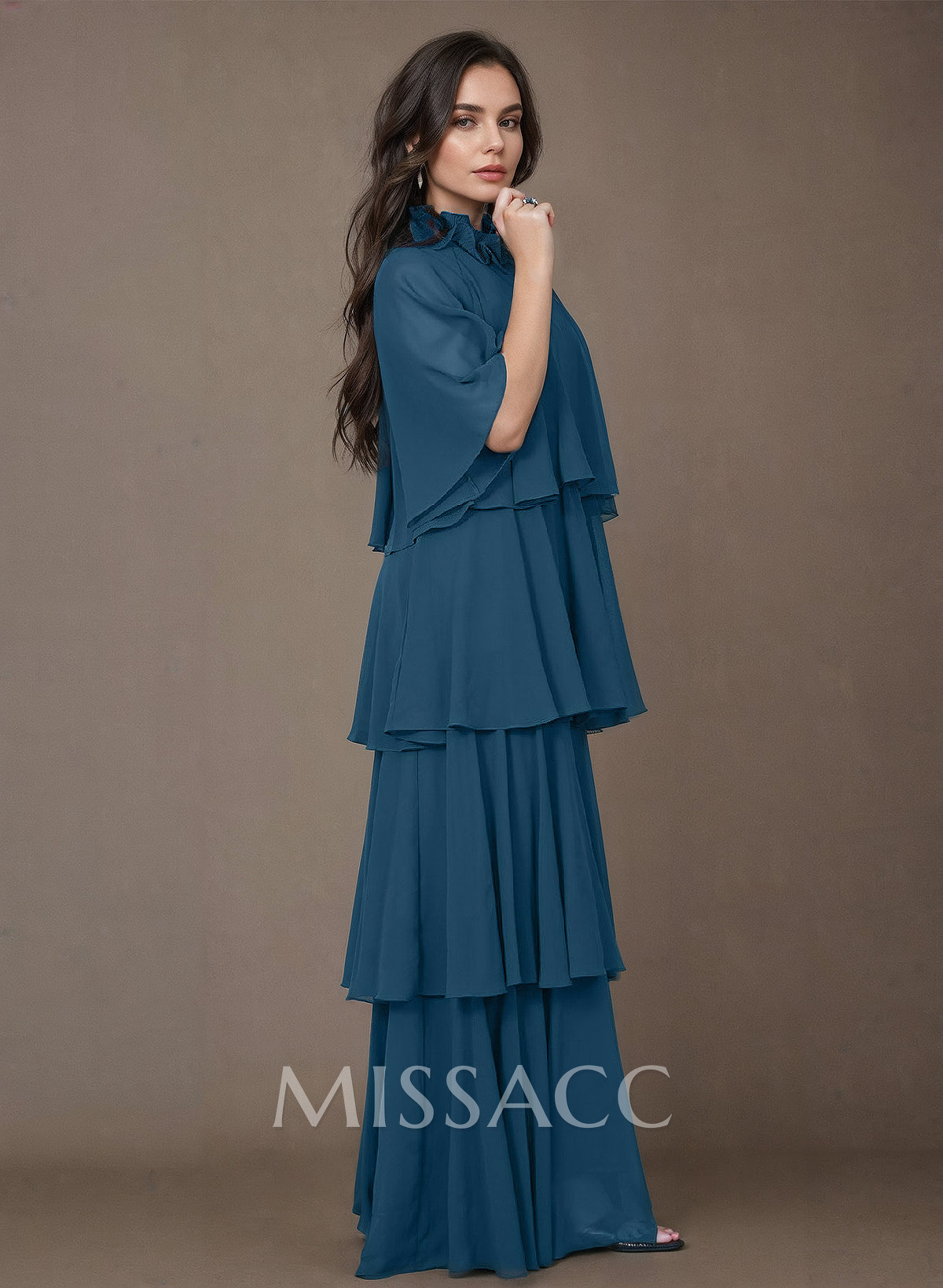 A-Line High Neck 1/2 Sleeves Chiffon Mother Of The Bride Dresses With Ruffle A-Line High Neck 1/2 Sleeves Chiffon Mother Of The Bride Dresses With Ruffle