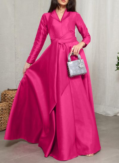 A-Line V-Neck Long Sleeves Floor-Length Matte Satin(Non-Stretch) Mother Of The Bride Dresses
