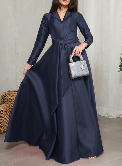 A-Line V-Neck Long Sleeves Floor-Length Matte Satin(Non-Stretch) Mother Of The Bride Dresses