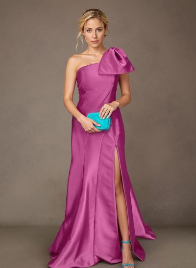 A-Line One-Shoulder Satin Mother Of The Bride Dresses With Bow(s)/High Split