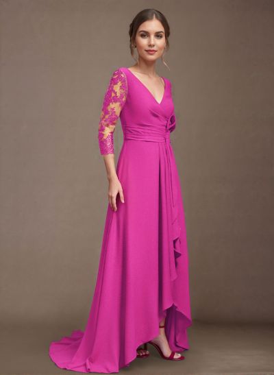 A-Line V-Neck 3/4 Sleeves Elastic Satin Mother Of The Bride Dresses With Lace