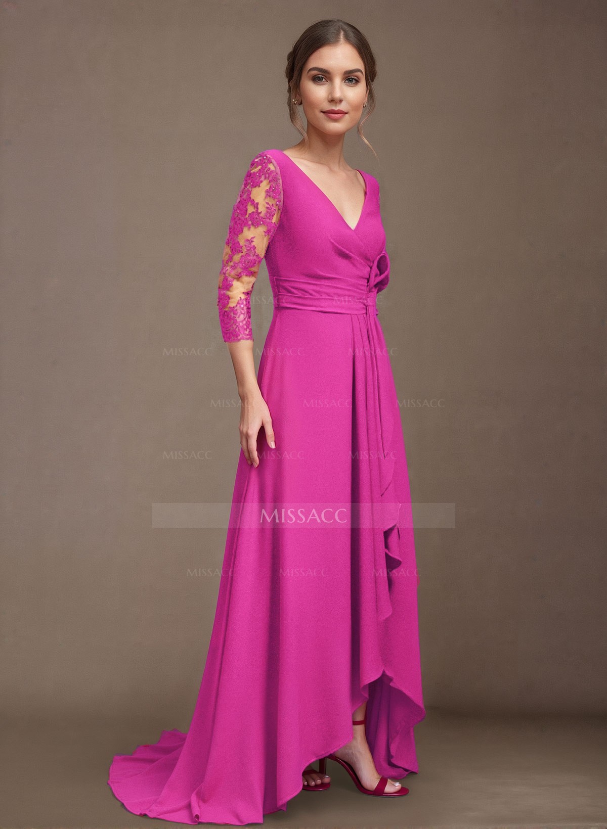 A-Line V-Neck 3/4 Sleeves Elastic Satin Mother Of The Bride Dresses With Lace