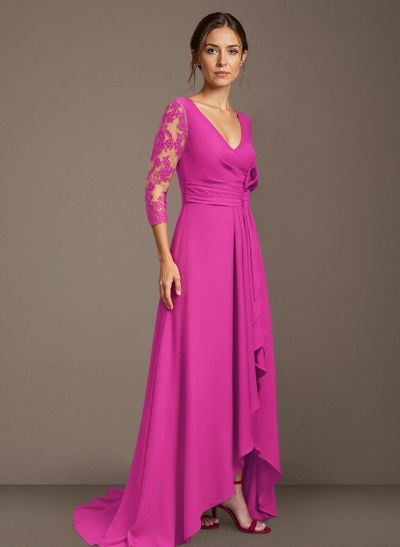 A-Line V-Neck 3/4 Sleeves Elastic Satin Mother Of The Bride Dresses With Lace