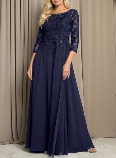 A-Line Scoop Neck 3/4 Sleeves Chiffon Mother Of The Bride Dresses With Lace