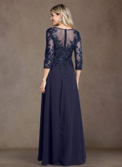 A-Line Scoop Neck 3/4 Sleeves Chiffon Mother Of The Bride Dresses With Lace