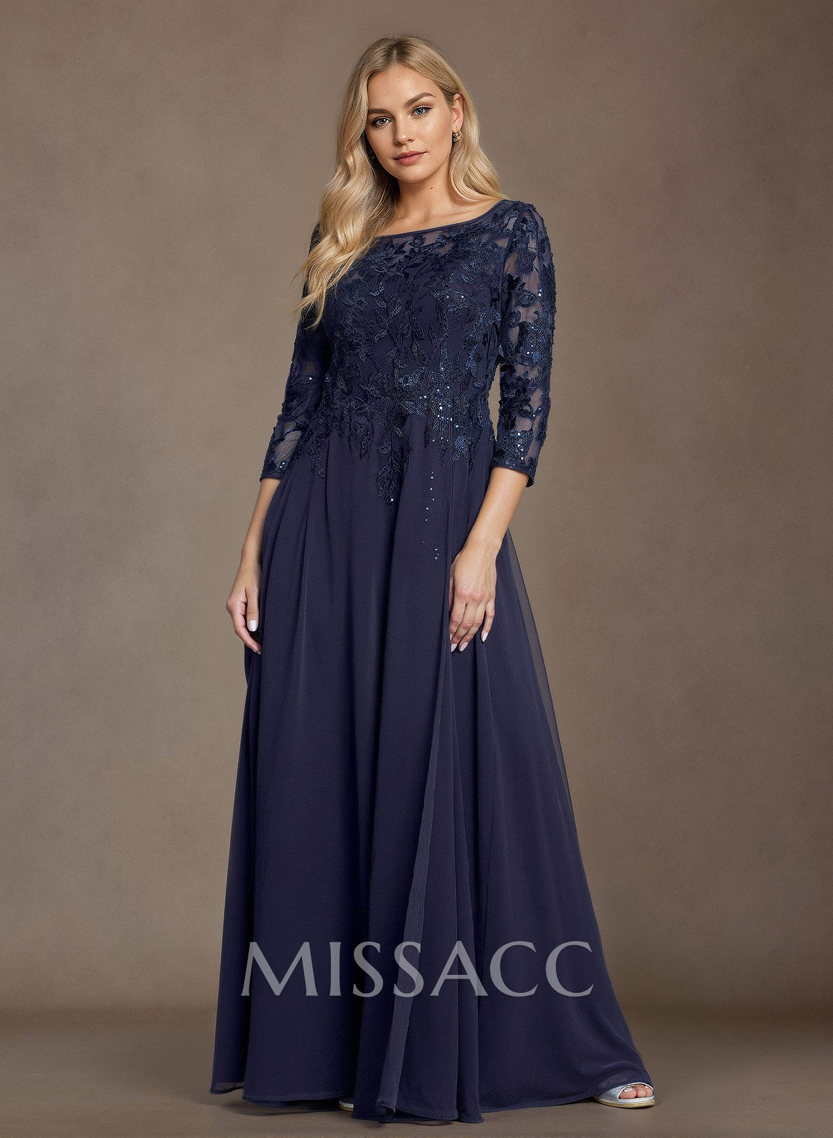 A-Line Scoop Neck 3/4 Sleeves Chiffon Mother Of The Bride Dresses With Lace