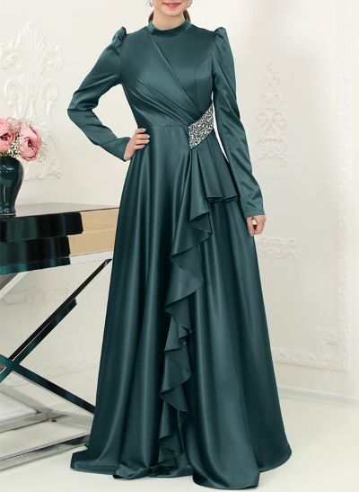 A-Line High Neck Long Sleeves Satin Mother Of The Bride Dresses With Ruffle