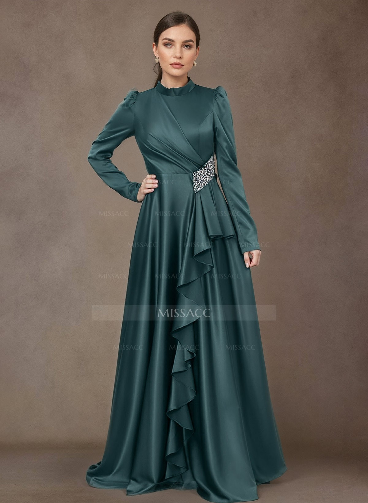 A-Line High Neck Long Sleeves Satin Mother Of The Bride Dresses With Ruffle