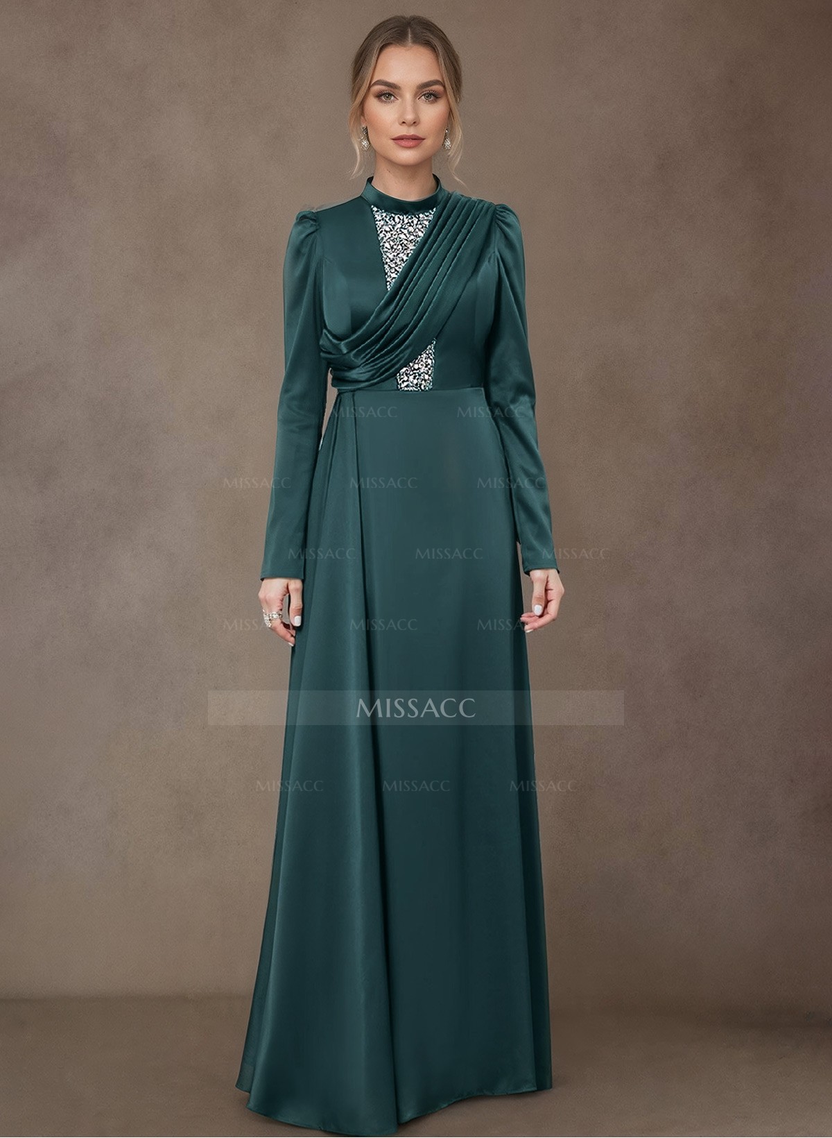 A-Line High Neck Long Sleeves Satin Mother Of The Bride Dresses With Ruffle