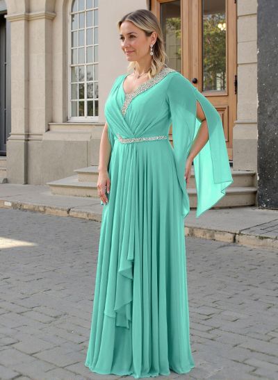 A-Line V-Neck Short Sleeves Floor-Length Chiffon Mother Of The Bride Dresses