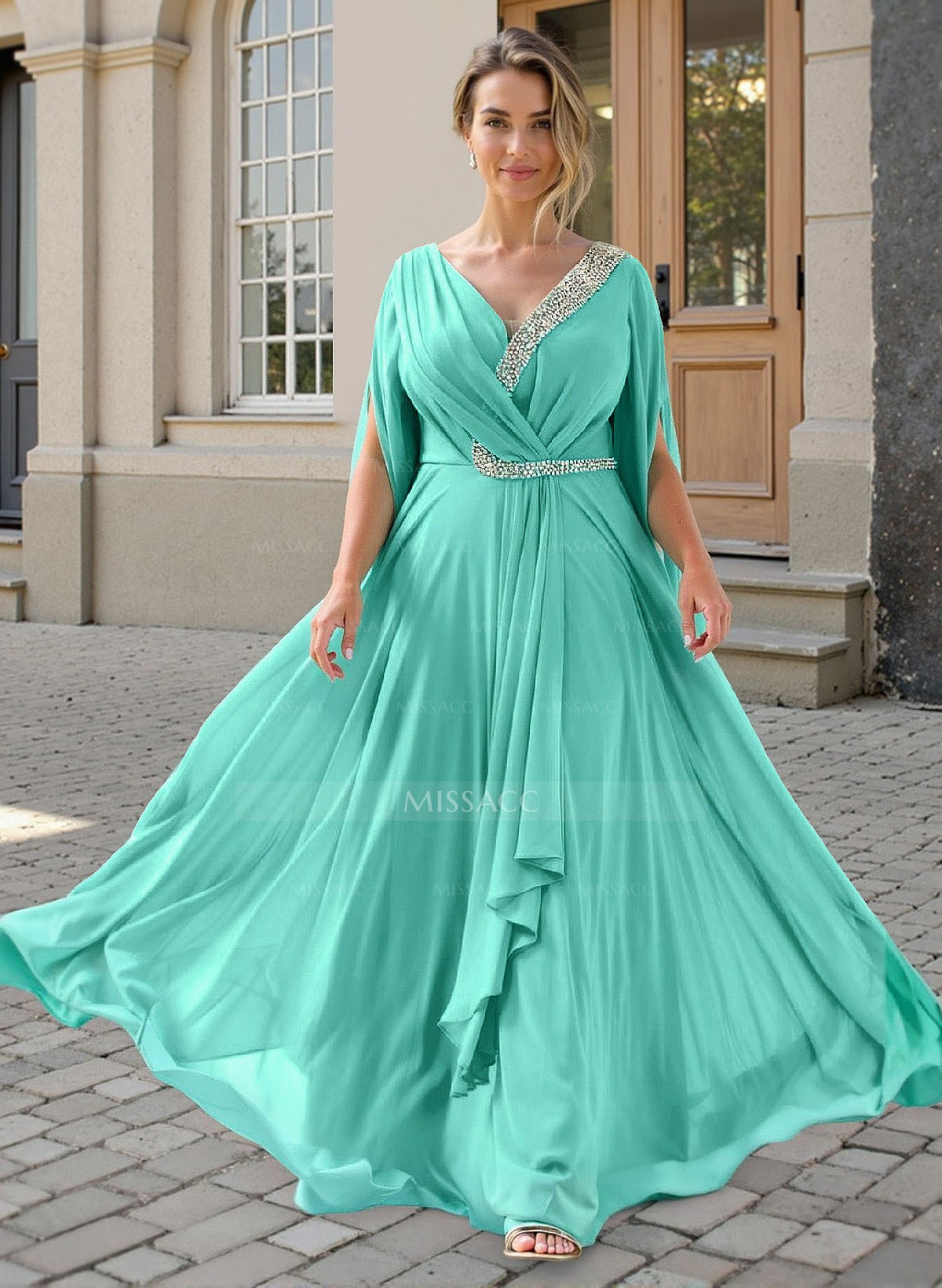 A-Line V-Neck Short Sleeves Floor-Length Chiffon Mother Of The Bride Dresses