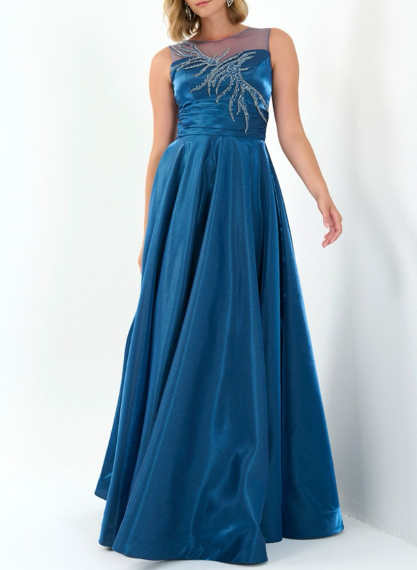 A-Line Illusion Neck Sleeveless Floor-Length Satin Mother Of The Bride Dresses