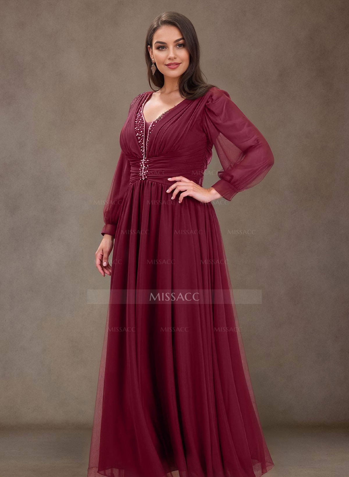 A-Line Scoop Neck Long Sleeves Chiffon Mother Of The Bride Dresses