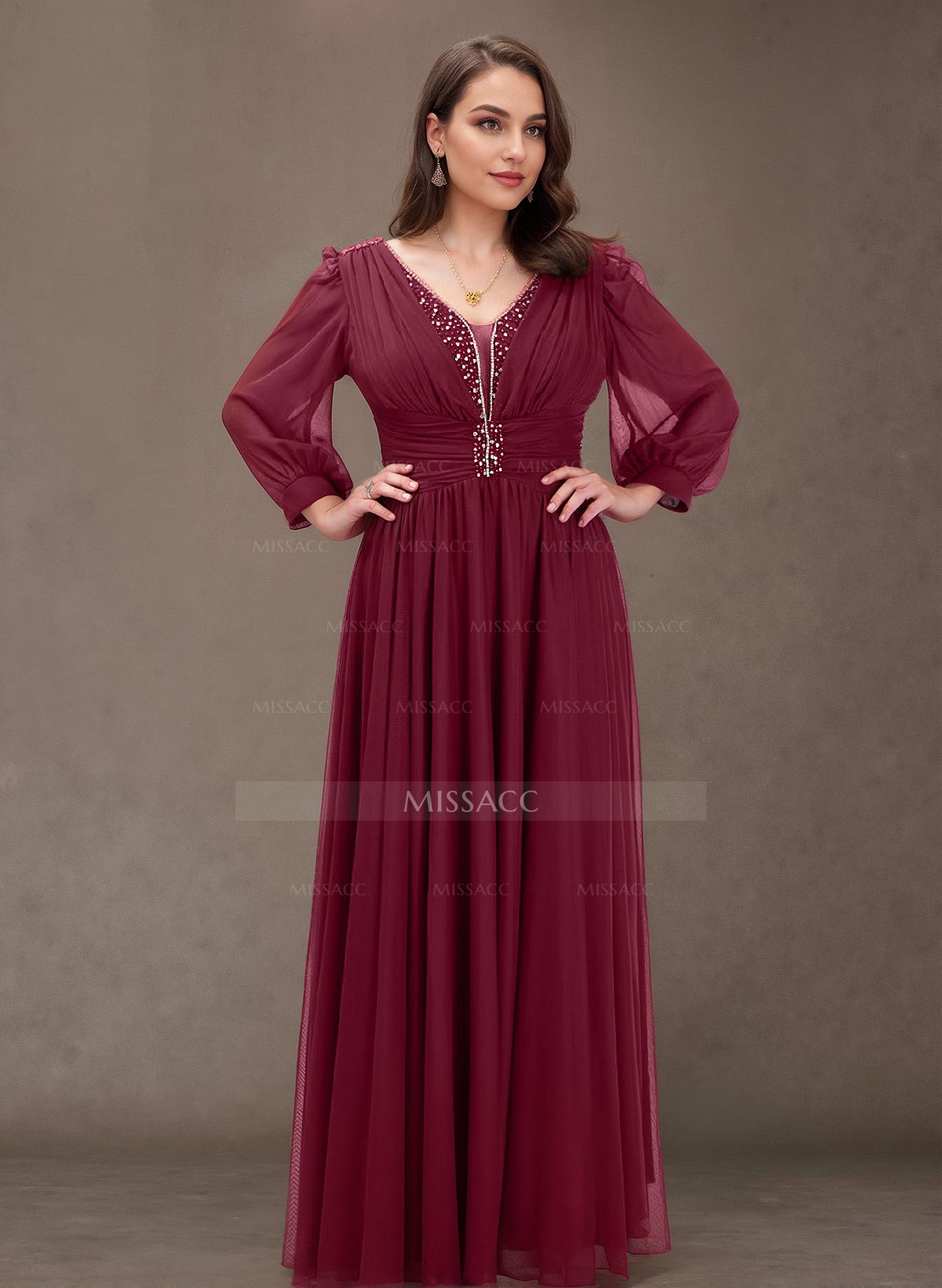 A-Line Scoop Neck Long Sleeves Chiffon Mother Of The Bride Dresses