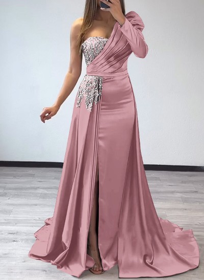 Sheath/Column One-Shoulder Long Sleeves Satin Mother Of The Bride Dresses With Pleated/High Split