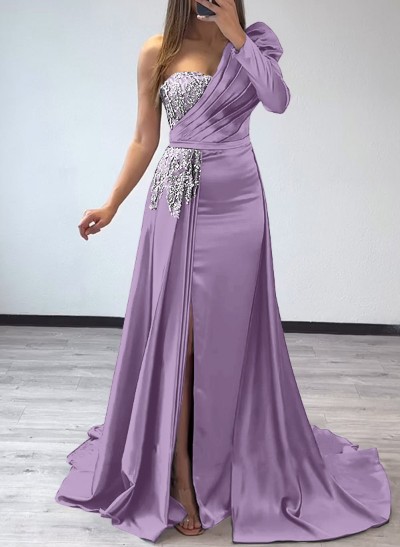 Sheath/Column One-Shoulder Long Sleeves Satin Mother Of The Bride Dresses With Pleated/High Split