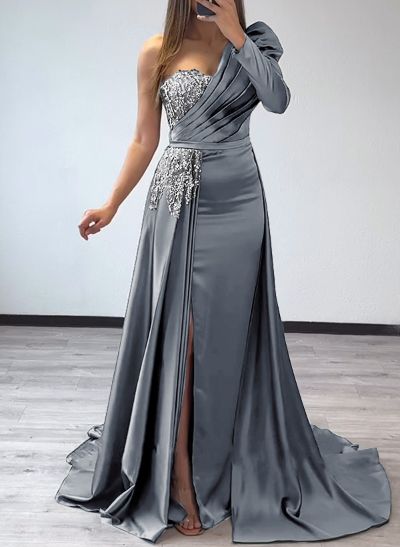 Sheath/Column One-Shoulder Long Sleeves Satin Mother Of The Bride Dresses With Pleated/High Split