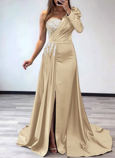 Sheath/Column One-Shoulder Long Sleeves Satin Mother Of The Bride Dresses With Pleated/High Split