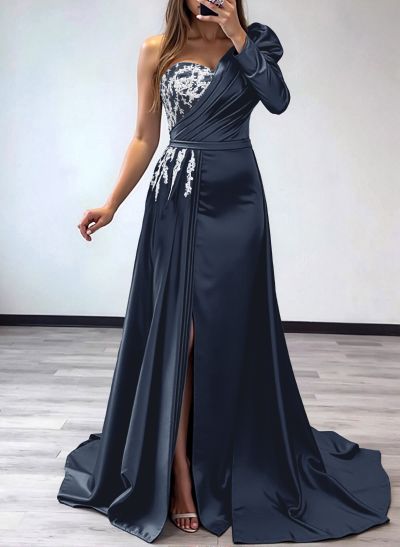 Sheath/Column One-Shoulder Long Sleeves Satin Mother Of The Bride Dresses With Pleated/High Split