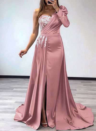 Sheath/Column One-Shoulder Long Sleeves Satin Mother Of The Bride Dresses With Pleated/High Split