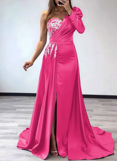 Sheath/Column One-Shoulder Long Sleeves Satin Mother Of The Bride Dresses With Pleated/High Split