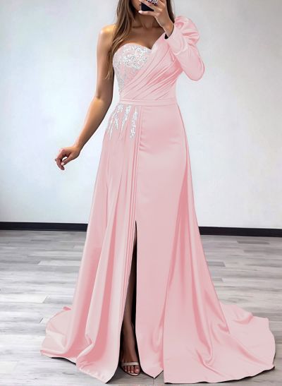 Sheath/Column One-Shoulder Long Sleeves Satin Mother Of The Bride Dresses With Pleated/High Split