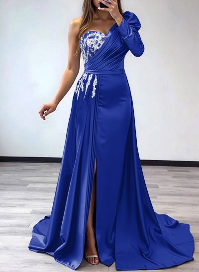 Sheath/Column One-Shoulder Long Sleeves Satin Mother Of The Bride Dresses With Pleated/High Split