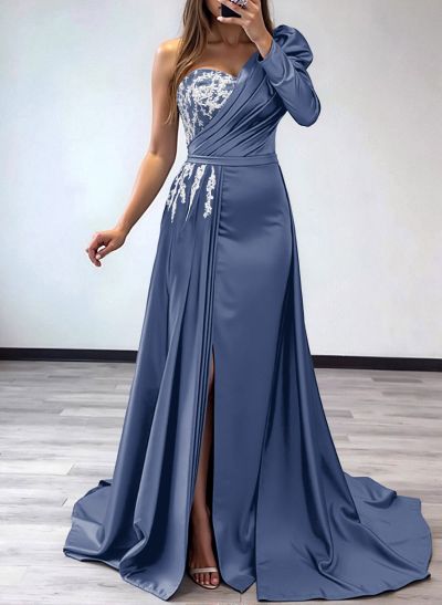 Sheath/Column One-Shoulder Long Sleeves Satin Mother Of The Bride Dresses With Pleated/High Split