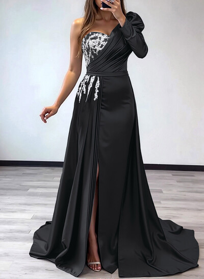 Sheath/Column One-Shoulder Long Sleeves Satin Mother Of The Bride Dresses With Pleated/High Split