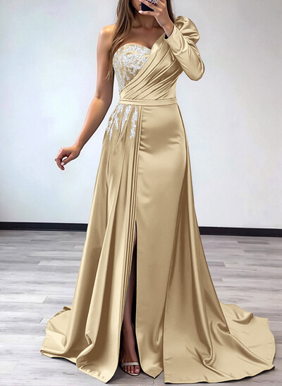 Sheath/Column One-Shoulder Long Sleeves Satin Mother Of The Bride Dresses With Pleated/High Split