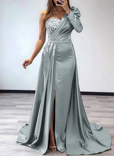 Sheath/Column One-Shoulder Long Sleeves Satin Mother Of The Bride Dresses With Pleated/High Split