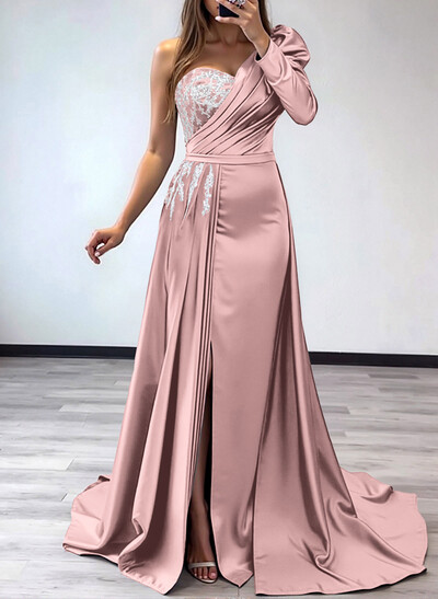 Sheath/Column One-Shoulder Long Sleeves Satin Mother Of The Bride Dresses With Pleated/High Split