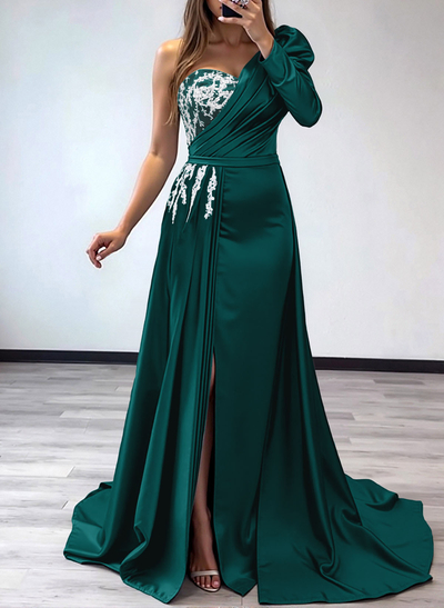 Sheath/Column One-Shoulder Long Sleeves Satin Mother Of The Bride Dresses With Pleated/High Split