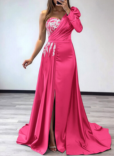 Sheath/Column One-Shoulder Long Sleeves Satin Mother Of The Bride Dresses With Pleated/High Split