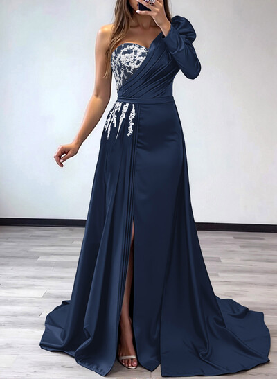 Sheath/Column One-Shoulder Long Sleeves Satin Mother Of The Bride Dresses With Pleated/High Split