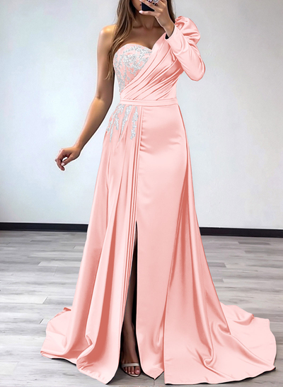 Sheath/Column One-Shoulder Long Sleeves Satin Mother Of The Bride Dresses With Pleated/High Split